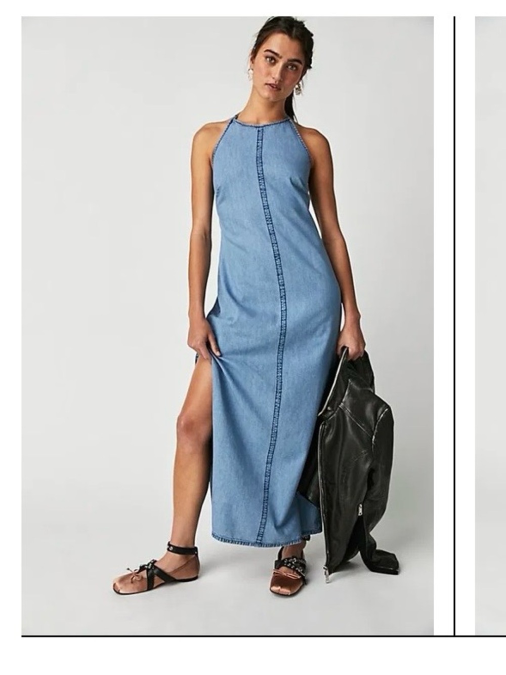 Free People Light Blue Denim Halter Maxi Dress with Side Slit